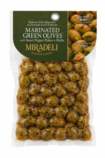 Masline Verzi Marinate cu Fulgi de Ardei Dulce si Ierburi Aromatice Miradeli, 250g