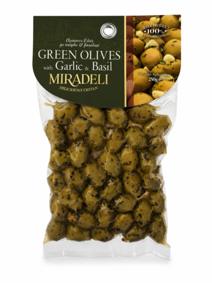 Masline Verzi cu Usturoi si Busuioc Miradeli, 250g